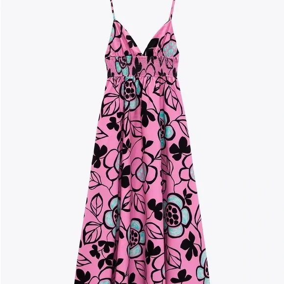 Zara Pink Blue and Black Printed Maxi Poplin Dress size XS - Picture 2 of 10